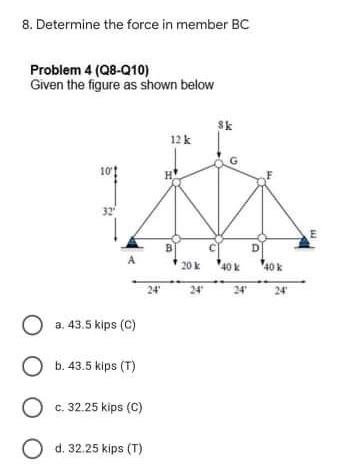 Solved 8. Determine the force in member BC Problem 4 | Chegg.com