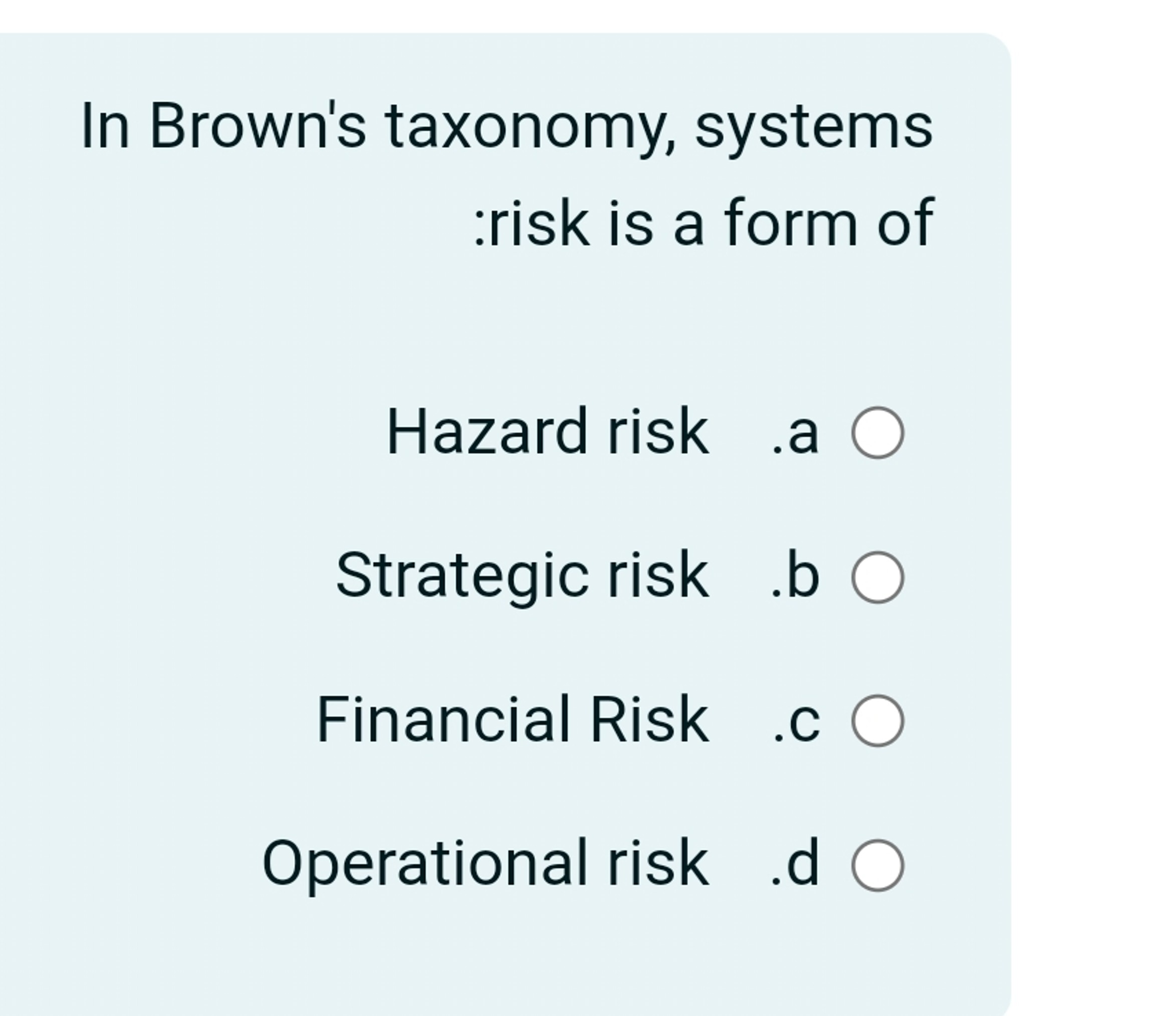 Solved In Brown's taxonomy, systems:risk is a form ofHazard | Chegg.com