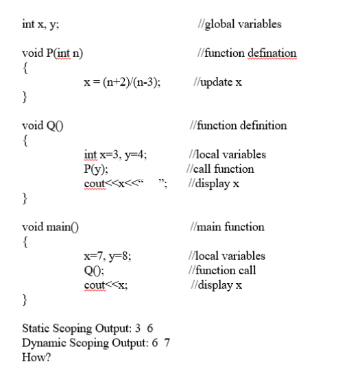 Static Scoping Output: 36 Dynamic Scoping Output: 67