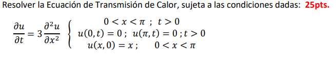 \( \frac{\partial u}{\partial t}=3 \frac{\partial^{2} u}{\partial x^{2}}\left\{\begin{array}{c}0<x<\pi ; t>0 \\ u(0, t)=0 ; u