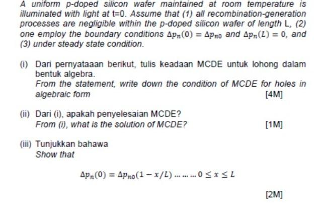 A uniform p-doped silicon wafer maintained at room | Chegg.com