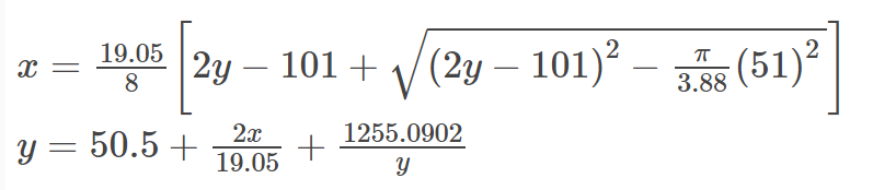 \( \begin{array}{l}x=\frac{19.05}{8}\left[2 y-101+\sqrt{(2 y-101)^{2}-\frac{\pi}{3.88}(51)^{2}}\right] \\ y=50.5+\frac{2 x}{1