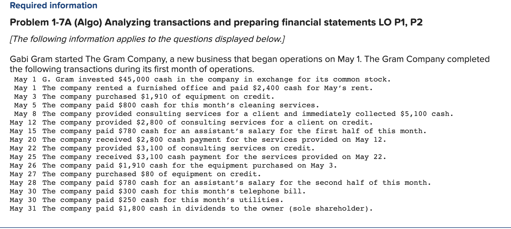 Solved Required information Problem 1-7A (Algo) Analyzing | Chegg.com
