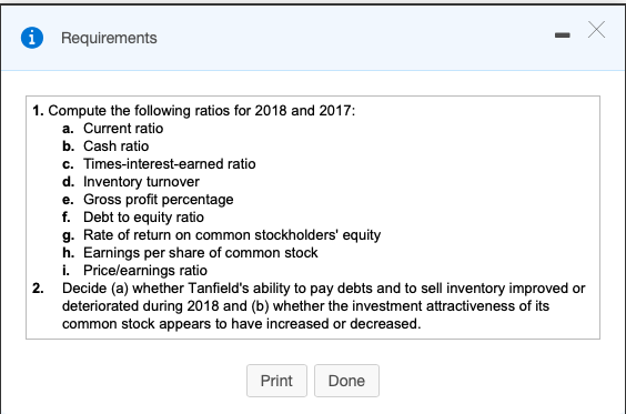 Solved Requirements 1. Compute the following ratios for 2018 | Chegg.com