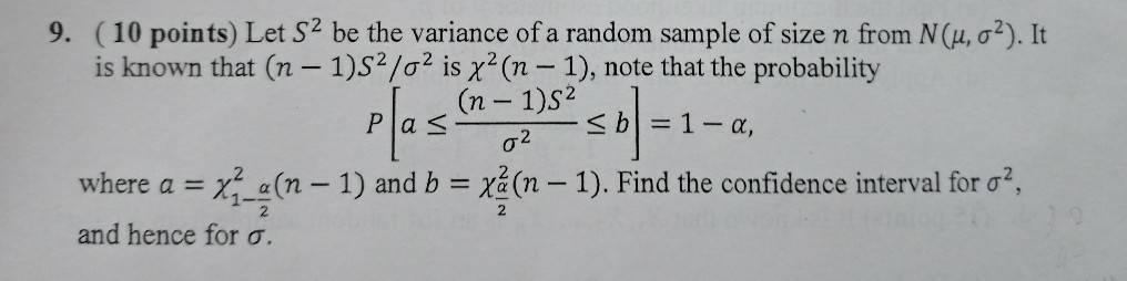 Solved 9. (10 points) Let S be the variance of a random | Chegg.com