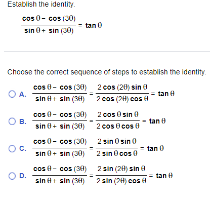 Solved Establish The Identity. Cos - Cos (30) = Tan Sin + 