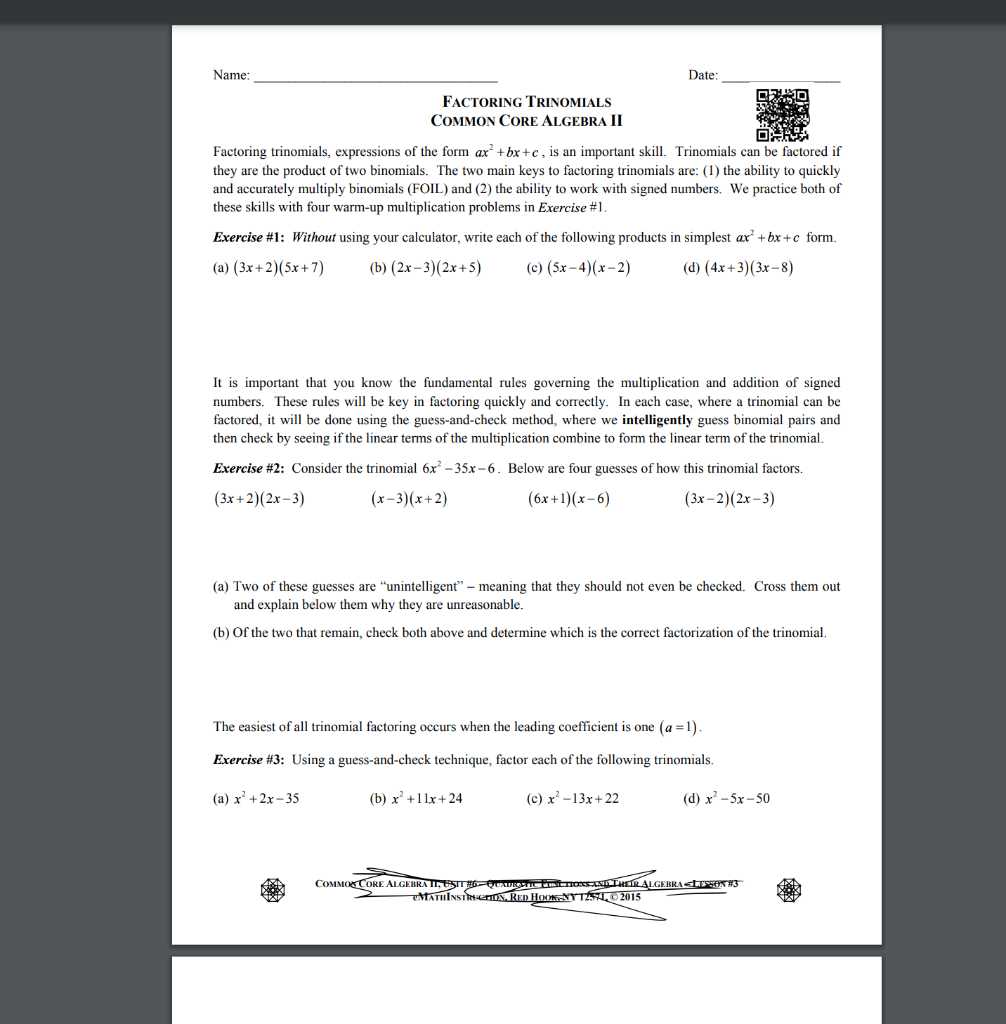 factoring trinomials common core algebra ii homework