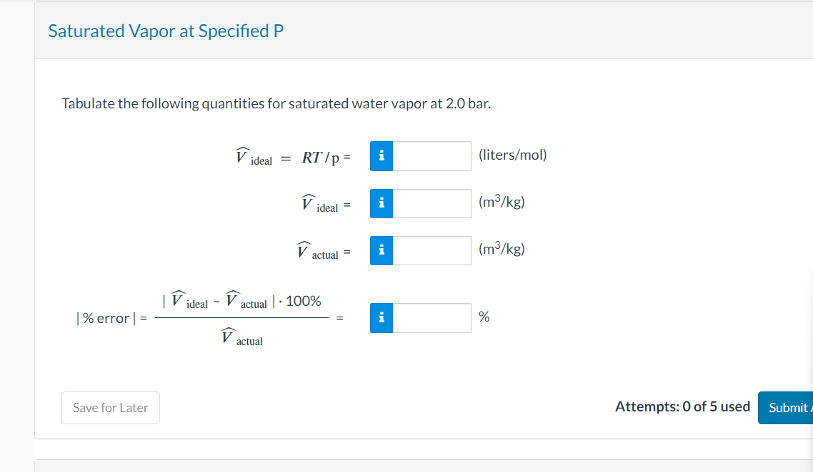 Saturated Vapor at Specified P Tabulate the following | Chegg.com