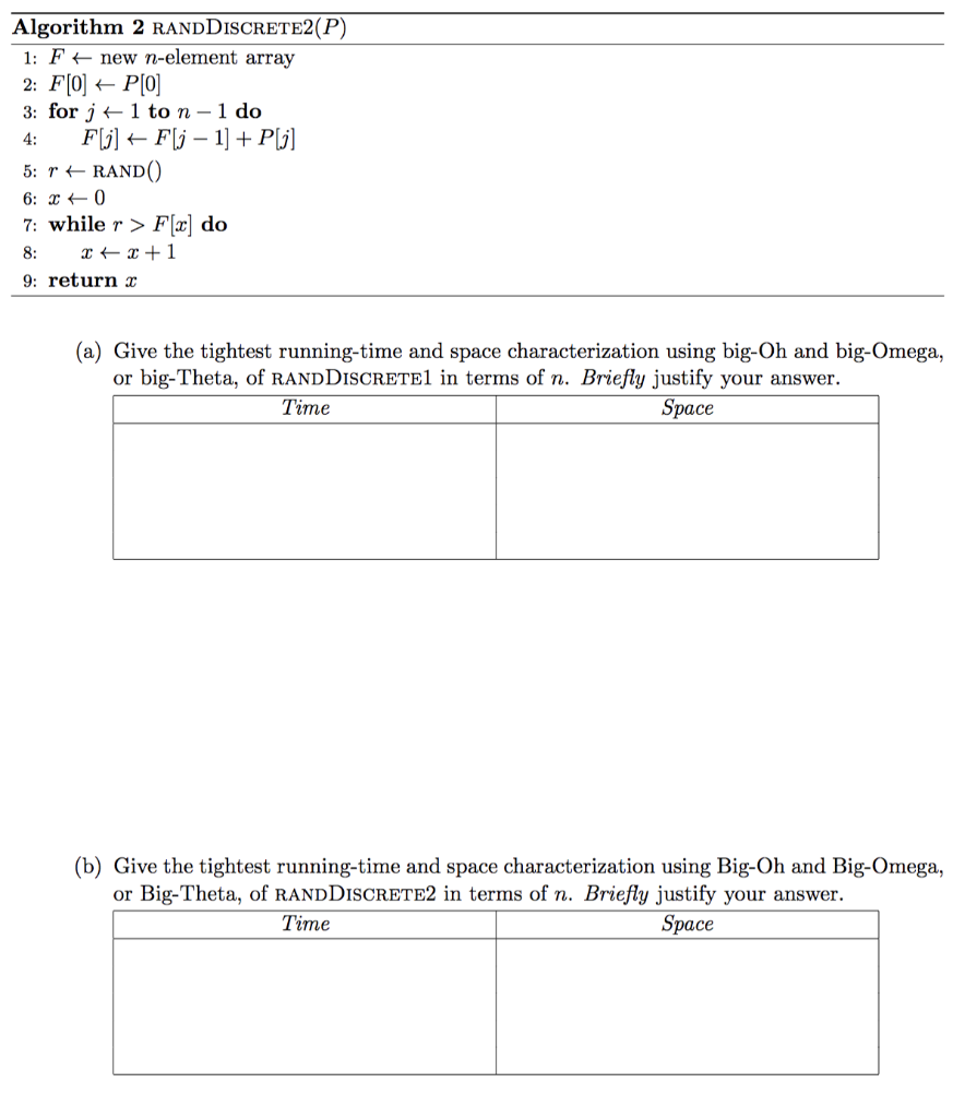 Algorithm 2 RANDDISCRETE2(P) 1: F + new n-element array 2: F[0] + P[0] 3: for j+ 1 to n - 1 do 4: F[j] F[j - 1] + P[j] 5: r +