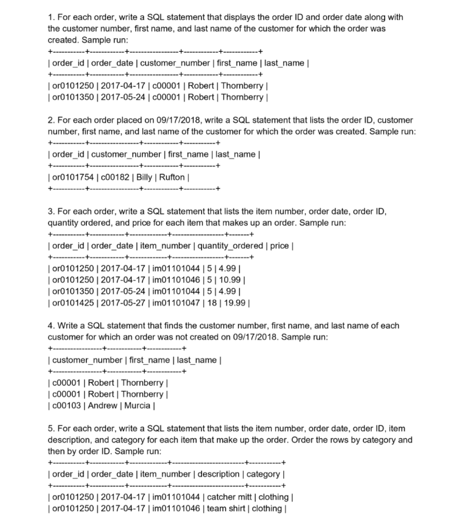 Solved 1. For each order, write a SQL statement that | Chegg.com