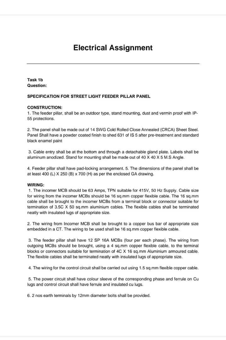 Solved Electrical Assignment Task 1b Question: SPECIFICATION | Chegg.com