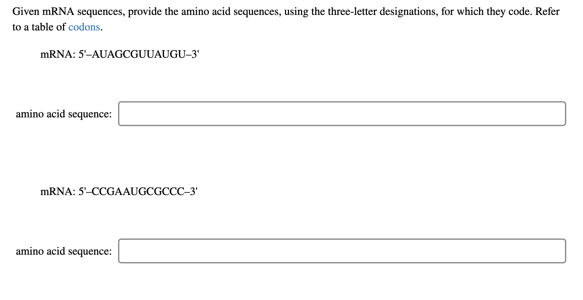 Solved Given mRNA sequences, provide the amino acid | Chegg.com
