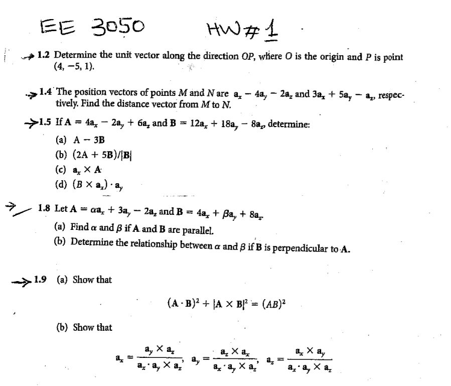 Solved EE 3050 1.2 Determine the unit vector along the | Chegg.com