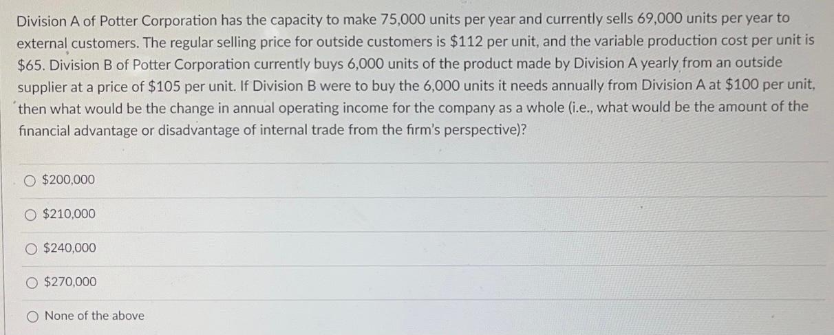 Solved Division A of Potter Corporation has the capacity to | Chegg.com