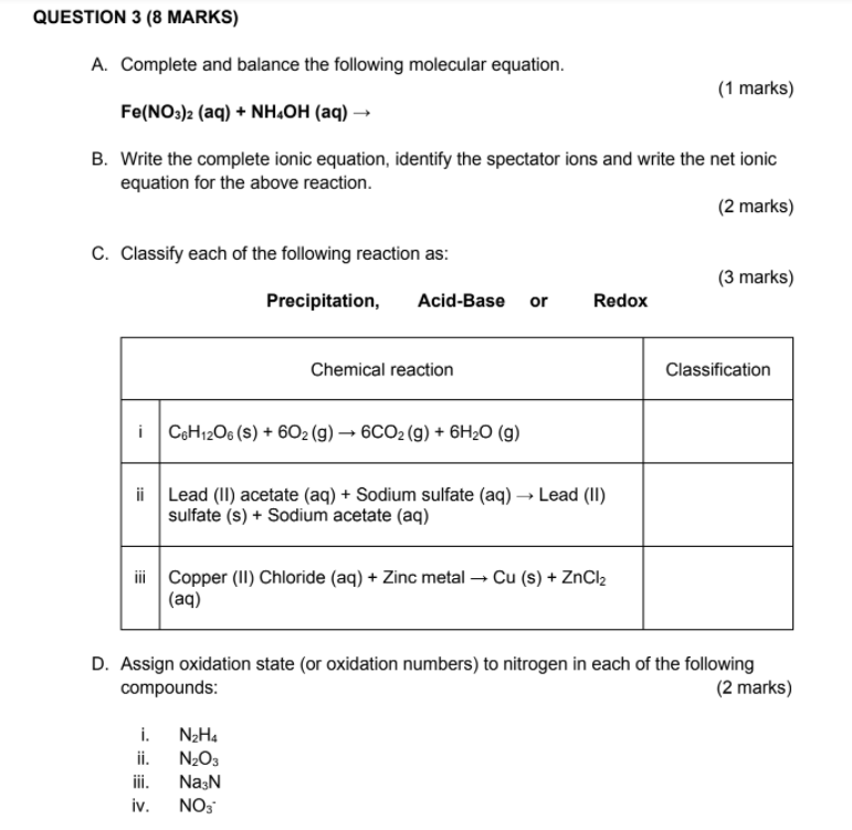 Solved QUESTION 3 (8 MARKS) A. Complete and balance the | Chegg.com