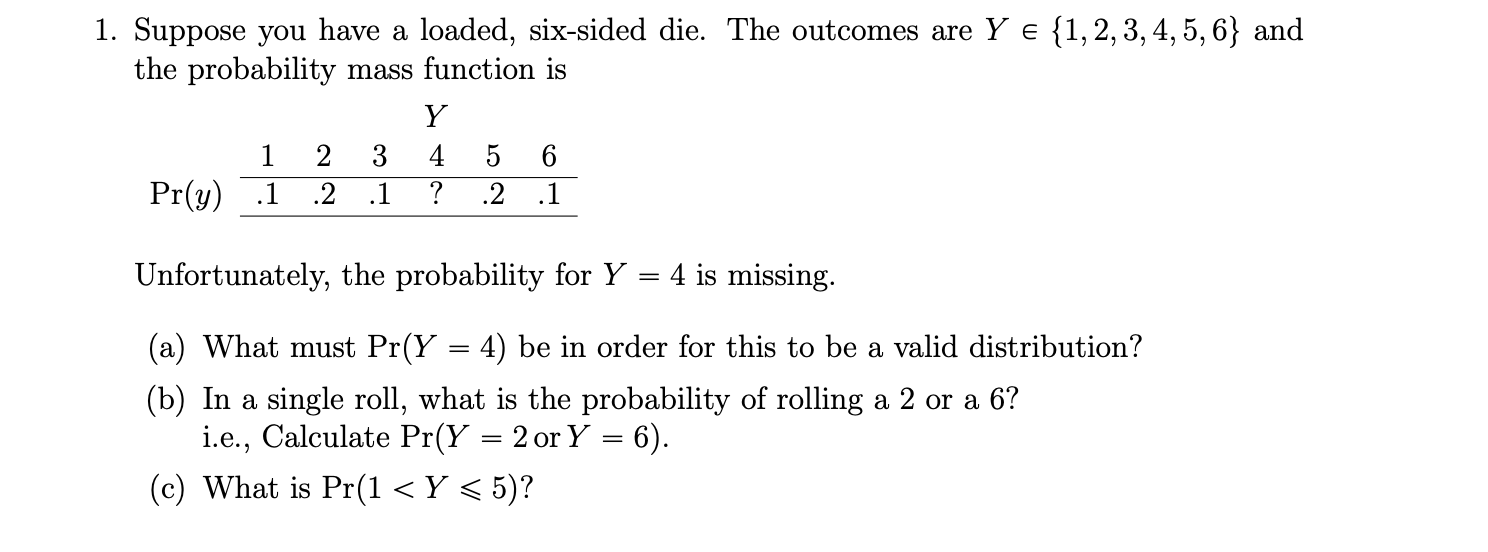 Solved 1. Suppose you have a loaded, six-sided die. The | Chegg.com