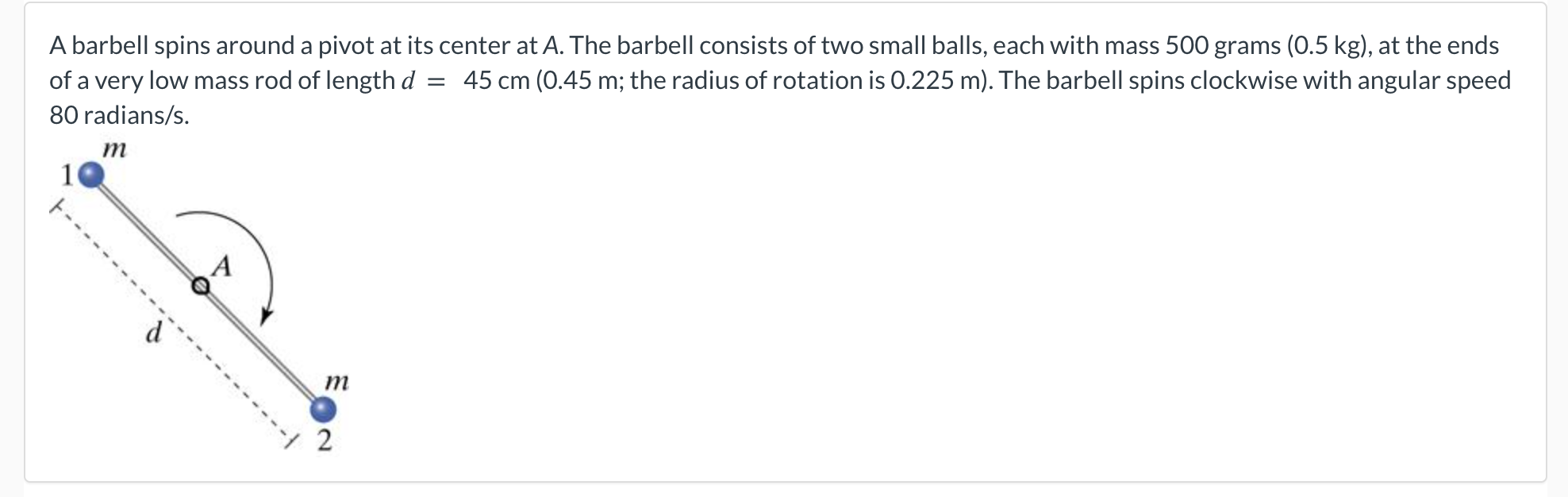 Solved A barbell spins around a pivot at its center at A.
