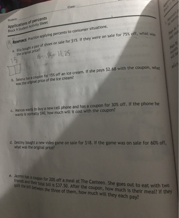 Solved Class Applications Of Percents Block 9 Student Chegg