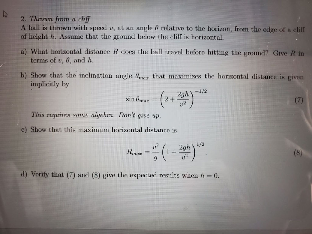 Solved 2. Thrown from a cliff A ball is thrown with speed v, | Chegg.com