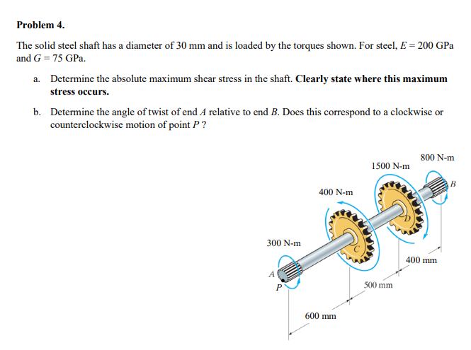 Solved Problem 4. The solid steel shaft has a diameter of 30 | Chegg.com