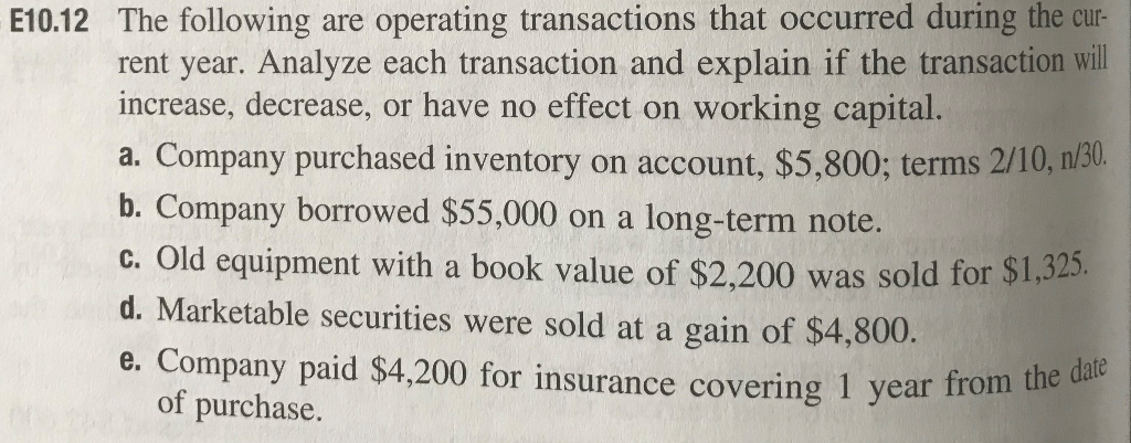 E10.12 The following are operating transactions that | Chegg.com