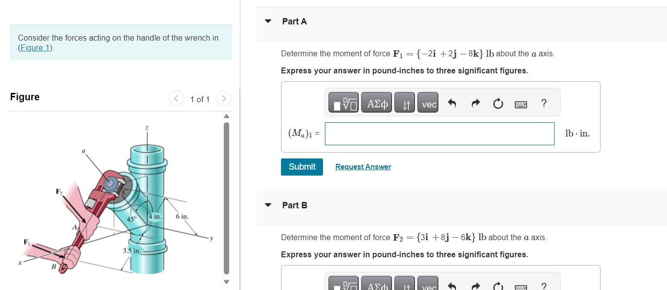 Consider the forces acting on the handle of the wrench in (Figure 1).
Determine the moment of force \( \mathbf{F}_{1}=\{-2 \m