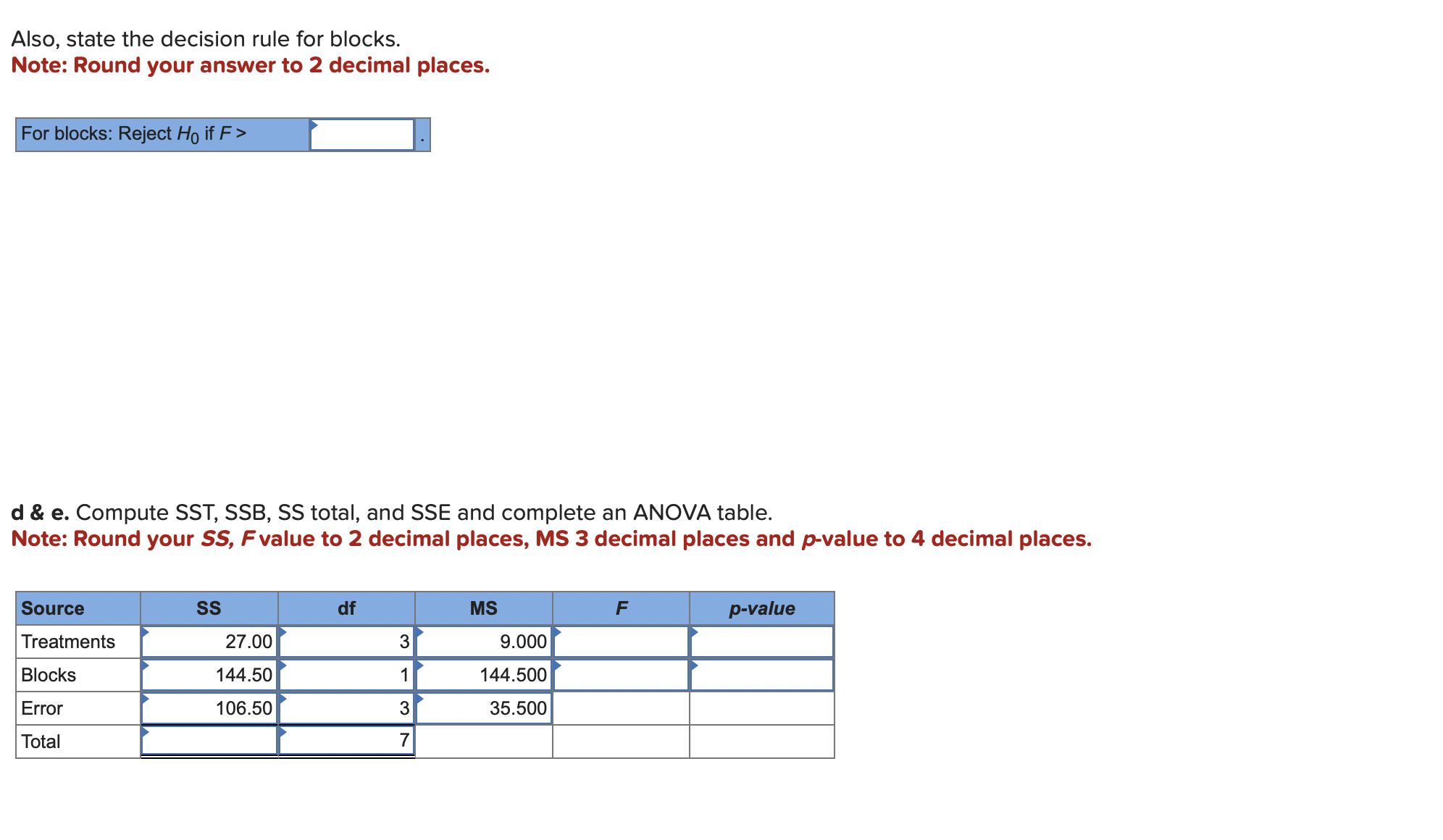 Solved Also, State The Decision Rule For Blocks. Note: Round | Chegg.com