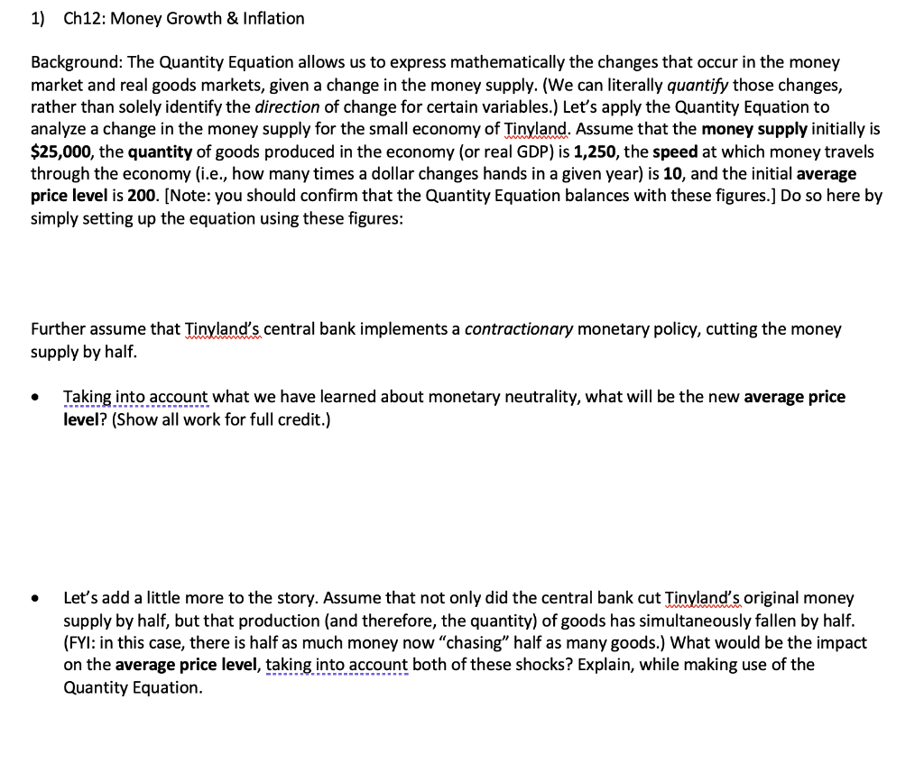 Solved 1) Ch12: Money Growth & Inflation Background: The | Chegg.com