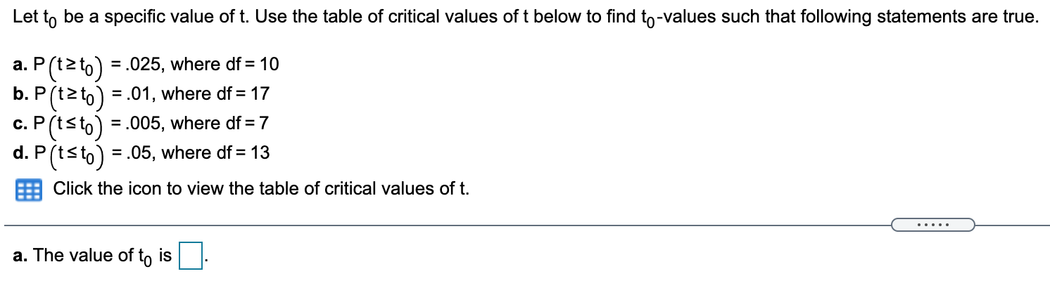 Solved Let to be a specific value of t. Use the table of | Chegg.com