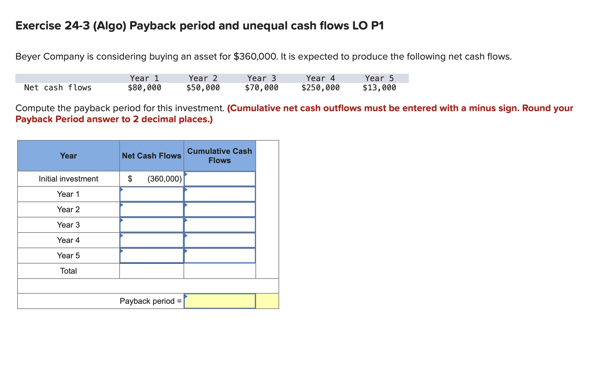 Solved Exercise 24-3 (Algo) Payback Period And Unequal Cash | Chegg.com