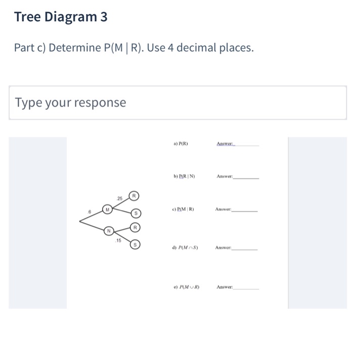 Solved Tree Diagram 3 Part c) Determine P(M | R). Use 4 | Chegg.com