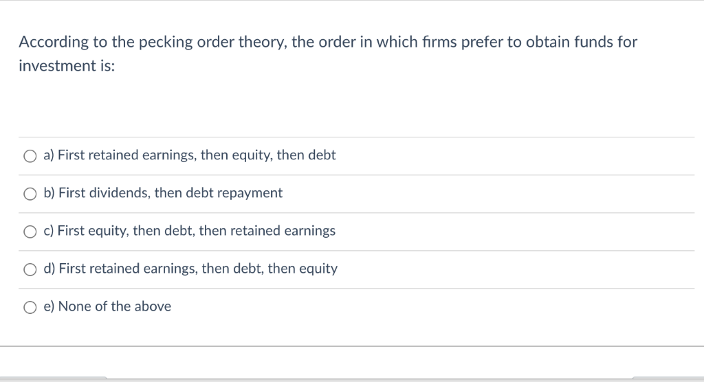 Solved According to the pecking order theory, the order in | Chegg.com
