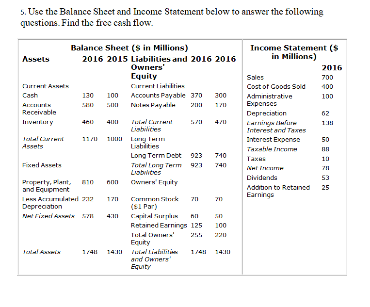 Solved 5. Use the Balance Sheet and Income Statement below | Chegg.com