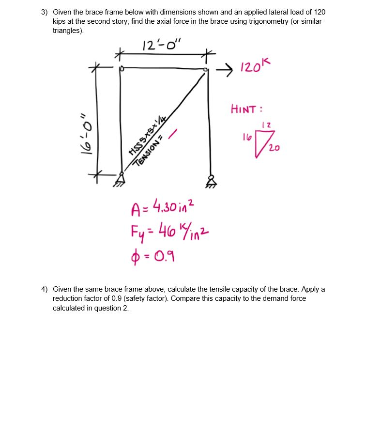 Solved 3) Given The Brace Frame Below With Dimensions Shown | Chegg.com