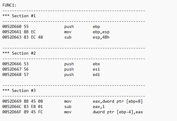 Solved FUNC1: *** Section \#1 0052D66055 push ebp 0052D6618 | Chegg.com