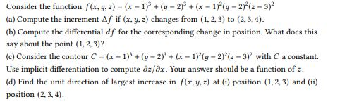 Solved Consider the function f(x, y, z) = (x - 1) + (y-2) + | Chegg.com