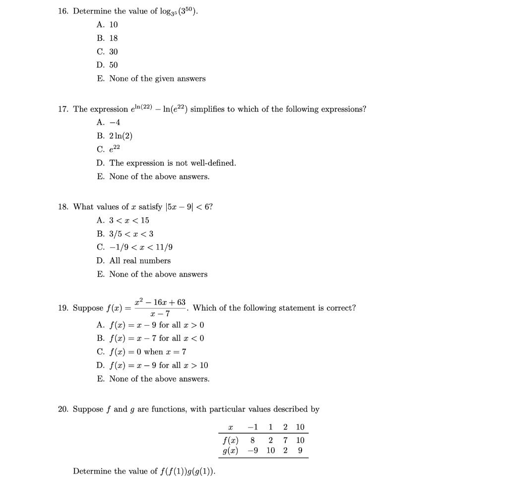 Solved 16. Determine the value of log35 (350). A. 10 B. 18 | Chegg.com