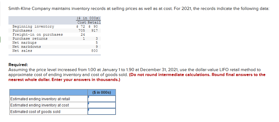 Solved Smith-Kline Company maintains inventory records at | Chegg.com