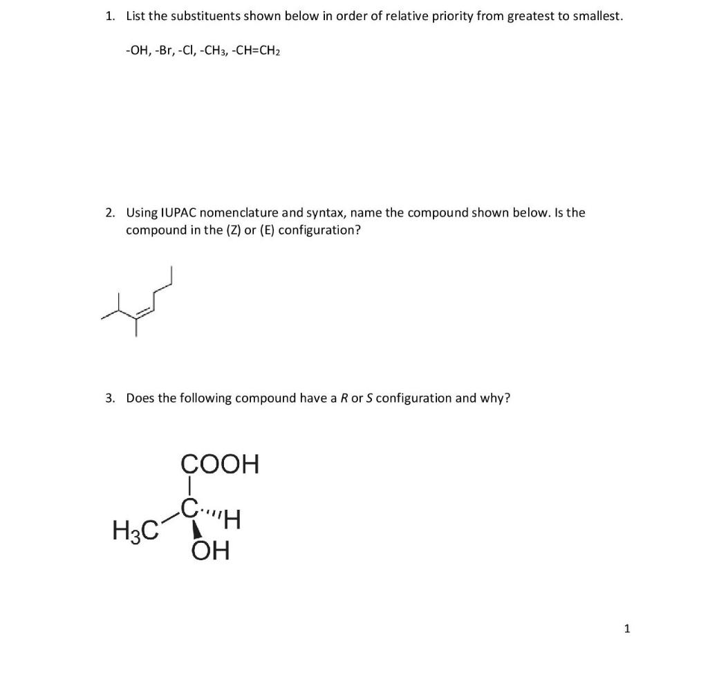 Solved 1 List The Substituents Shown Below In Order Of Chegg Com