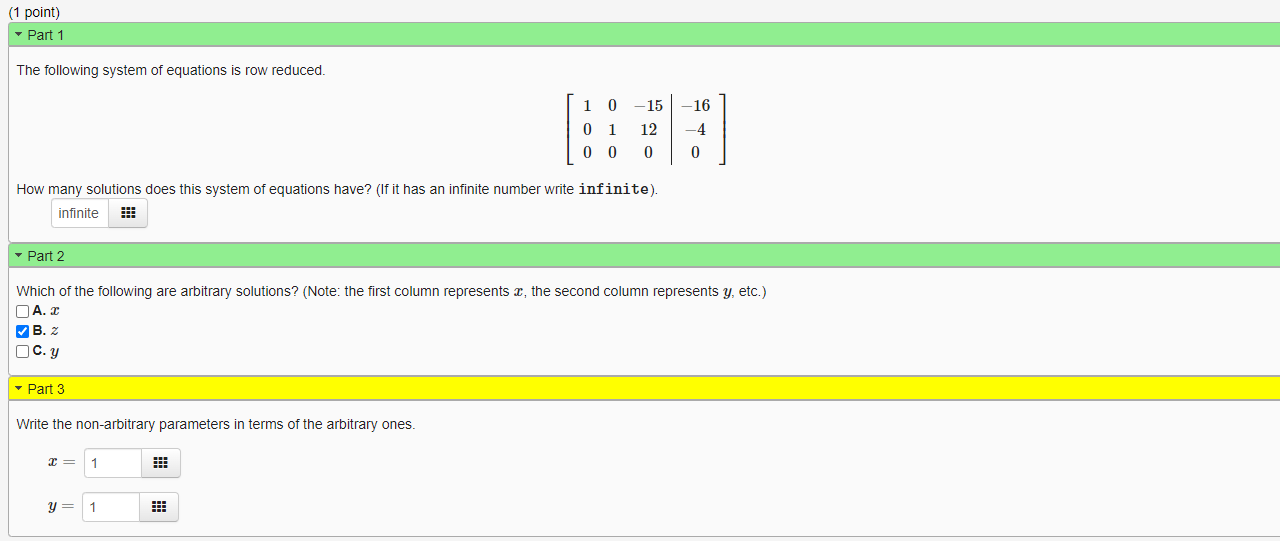 Solved (1 point) - Part 1 The following system of equations | Chegg.com