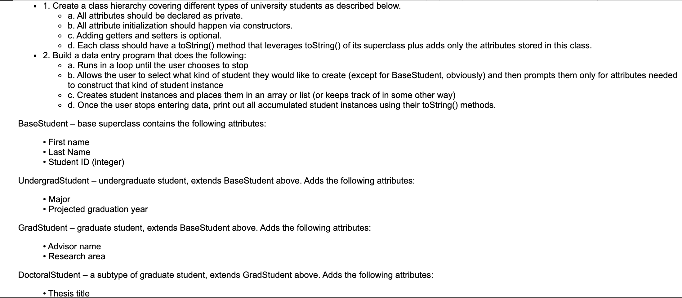 Solved • 1. Create a class hierarchy covering different | Chegg.com