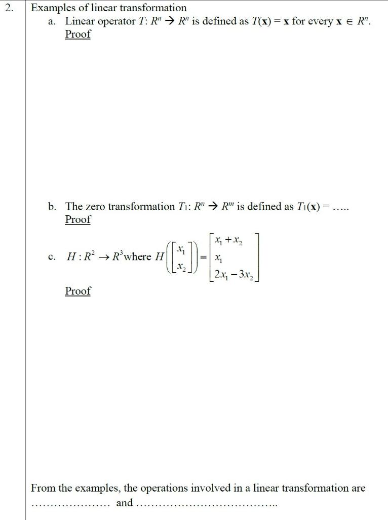Solved 2. Examples of linear transformation a. Linear | Chegg.com