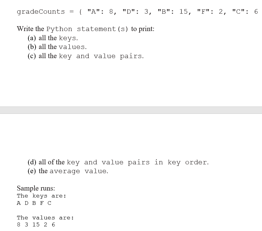 Solved gradeCounts ={"′′:8,"D":3,"B":15,"F":2,"C":6 Write | Chegg.com