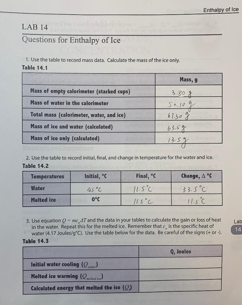 Solved Enthalpy of Ice LAB 14 ENTHALPY OF ICE Goals energy