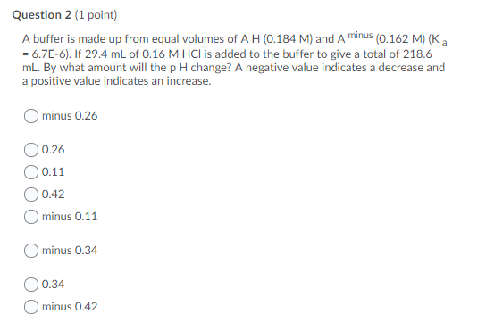 Solved Question 2 (1 point) A buffer is made up from equal | Chegg.com