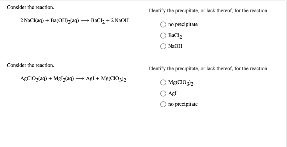 for each reaction identify the precipitate or lack thereof