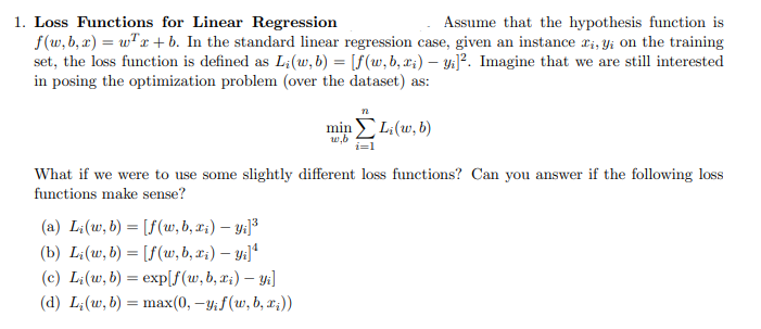Solved 1. Loss Functions for Linear Regression Assume that | Chegg.com