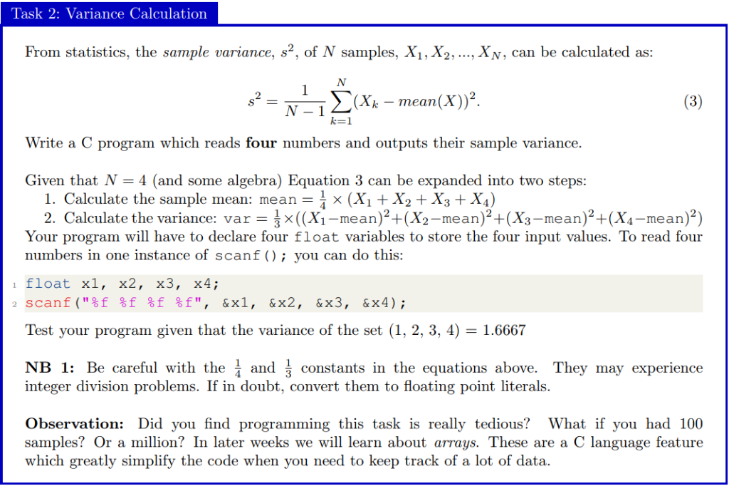 Solved Task 2: Variance Calculation From statistics, the | Chegg.com