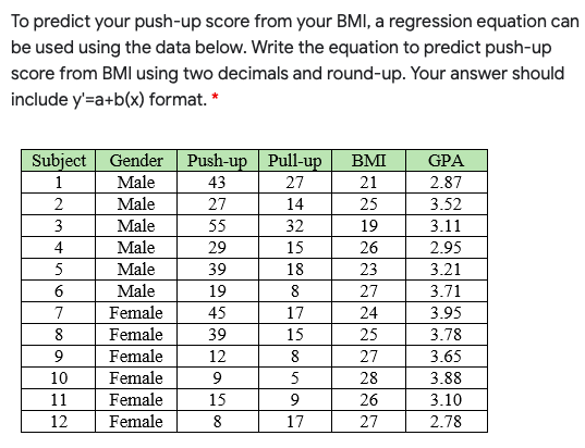 Solved To Predict Your Push Up Score From Your Bmi A Chegg Com