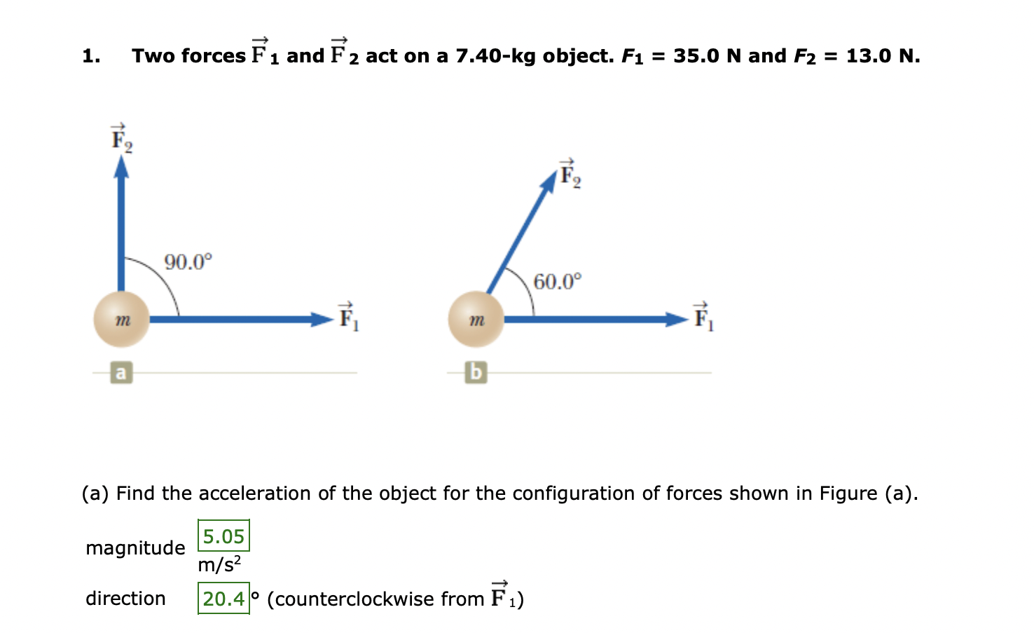 Solved 1 Two Forces F1 And F2 Act On A 7 40 Kg Object